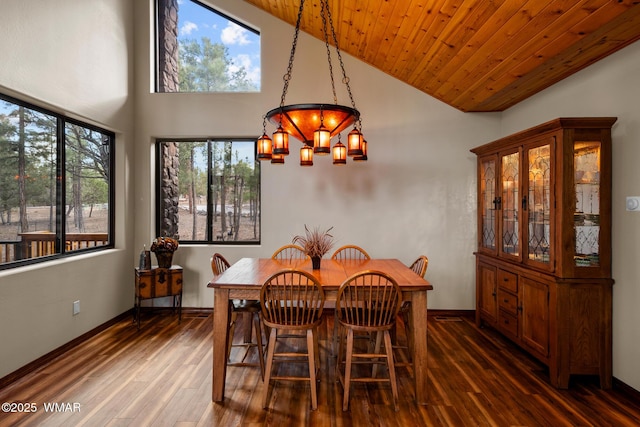 dining room featuring baseboards, a chandelier, wooden ceiling, dark wood-style flooring, and high vaulted ceiling