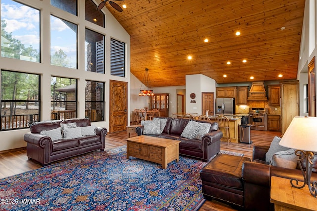 living room featuring wood ceiling, high vaulted ceiling, wood finished floors, and recessed lighting