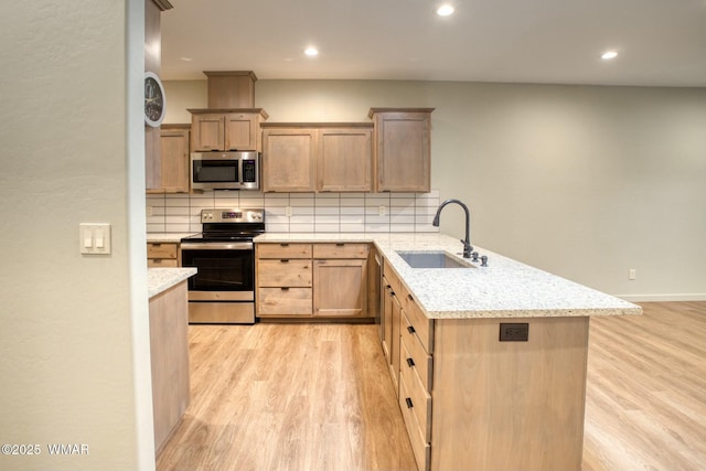 6017 Saturn Dr, Lakeside, AZ 85929 - kitchen featuring light wood-style flooring, a peninsula, appliances with stainless steel finishes, a sink, and backsplash
