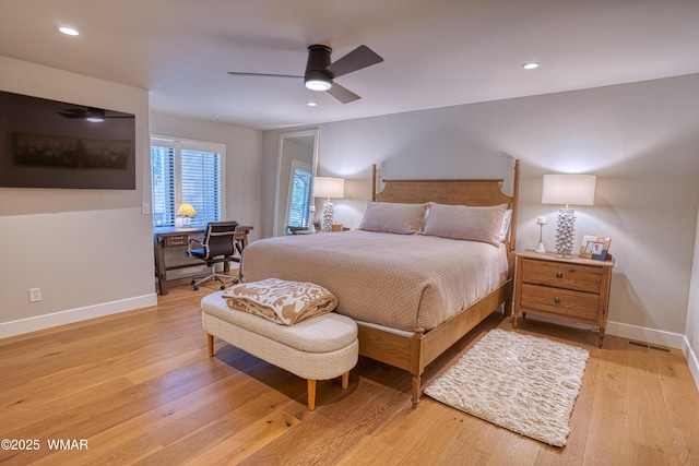 3651 Crown Dancer Dr Unit 8, Pinetop, AZ 85935 - bedroom featuring recessed lighting, baseboards, visible vents, light wood-style flooring, and ceiling fan