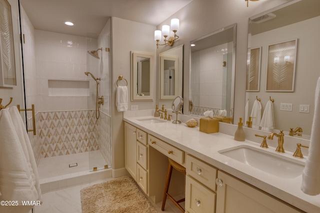 3651 Crown Dancer Dr Unit 8, Pinetop, AZ 85935 - bathroom with double vanity, a sink, a stall shower, and recessed lighting