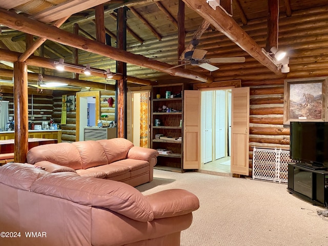 living room with high vaulted ceiling, wood ceiling, light carpet, and beamed ceiling