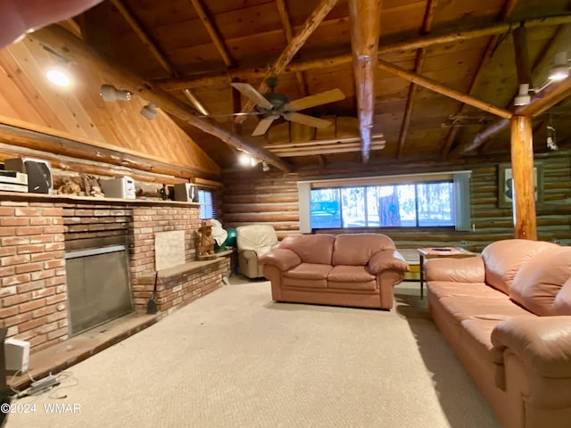 living room featuring a fireplace, wood ceiling, light carpet, high vaulted ceiling, and beamed ceiling