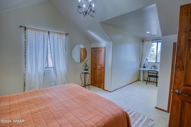 bedroom with lofted ceiling, light carpet, visible vents, and baseboards