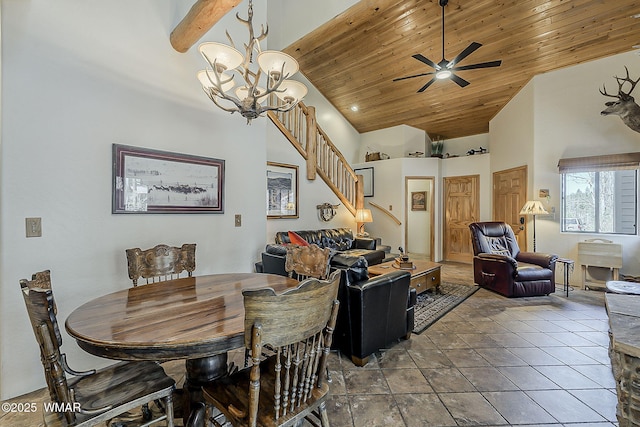 4509 Stone Pine Dr, Pinetop, AZ 85935 - dining space featuring wooden ceiling, a ceiling fan, stairway, a chandelier, and high vaulted ceiling