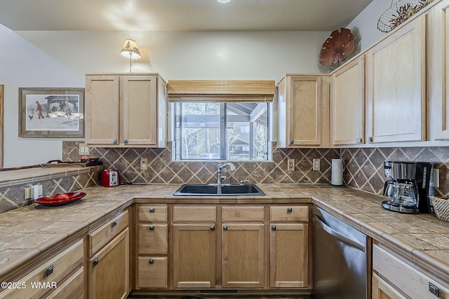 4509 Stone Pine Dr, Pinetop, AZ 85935 - kitchen featuring a sink, dishwasher, tile countertops, and decorative backsplash
