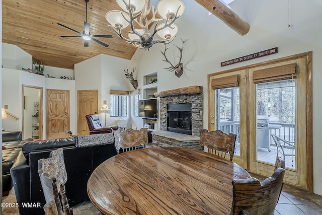 4509 Stone Pine Dr, Pinetop, AZ 85935 - dining space featuring high vaulted ceiling, a fireplace, a ceiling fan, wood ceiling, and built in shelves