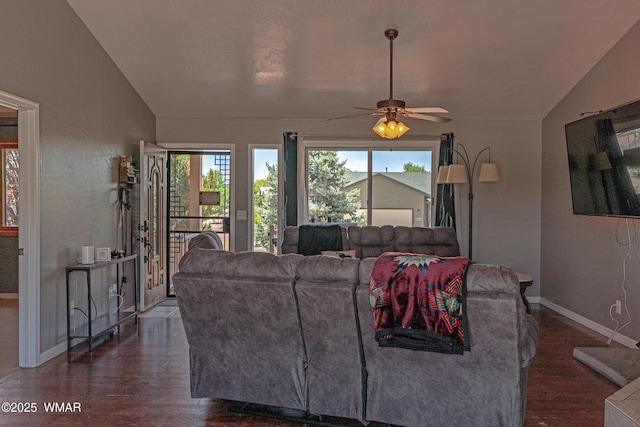 7046 Dusty Saddle Trl, Show Low, AZ 85901 - living area with lofted ceiling, baseboards, a ceiling fan, and dark wood-style floors