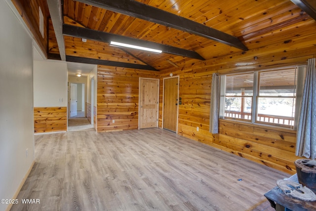 unfurnished living room with vaulted ceiling with beams, light wood-style floors, wood ceiling, and wooden walls