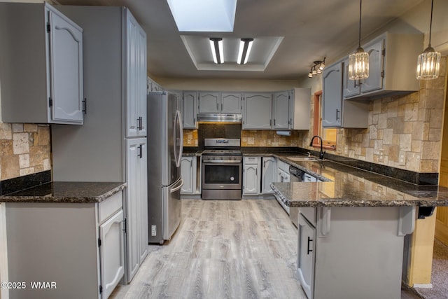 kitchen featuring pendant lighting, stainless steel appliances, a sink, under cabinet range hood, and a peninsula