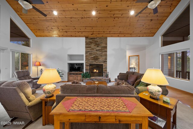 20 W Suncrest Ct, Show Low, AZ 85901 - living room with ceiling fan, wooden ceiling, and high vaulted ceiling