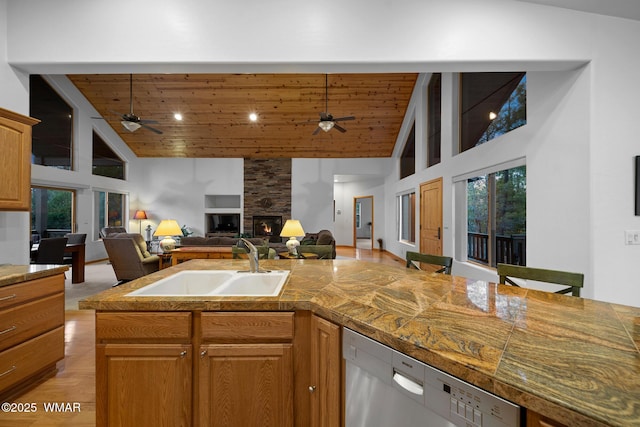 20 W Suncrest Ct, Show Low, AZ 85901 - kitchen featuring stainless steel dishwasher, a sink, a ceiling fan, and high vaulted ceiling
