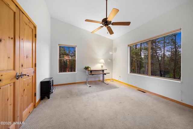 20 W Suncrest Ct, Show Low, AZ 85901 - unfurnished bedroom with ceiling fan, visible vents, vaulted ceiling, baseboards, and carpet
