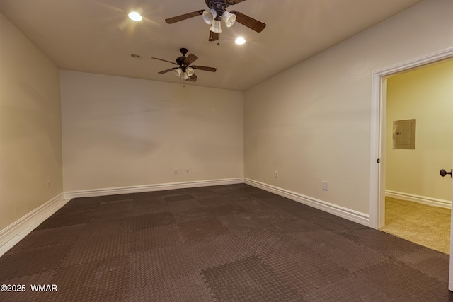416 S 2nd St, Snowflake, AZ 85937 - spare room with dark carpet, a ceiling fan, baseboards, electric panel, and recessed lighting