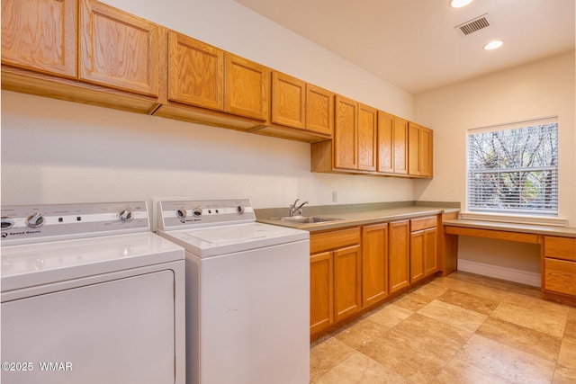 416 S 2nd St, Snowflake, AZ 85937 - laundry room featuring independent washer and dryer, an office area, cabinet space, recessed lighting, and baseboards