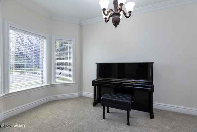 416 S 2nd St, Snowflake, AZ 85937 - living area featuring a chandelier, carpet, ornamental molding, and baseboards