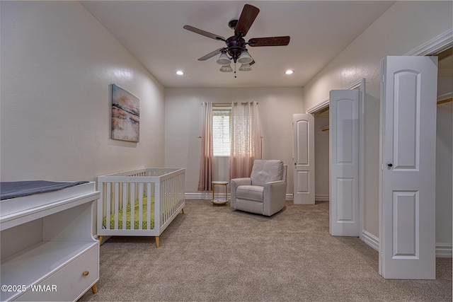 416 S 2nd St, Snowflake, AZ 85937 - carpeted bedroom featuring a nursery area, recessed lighting, baseboards, and a ceiling fan