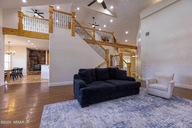 416 S 2nd St, Snowflake, AZ 85937 - living area with a ceiling fan, a chandelier, stairway, high vaulted ceiling, and baseboards