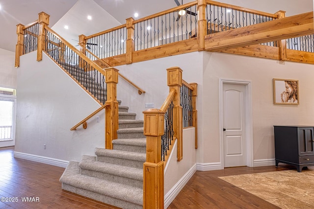416 S 2nd St, Snowflake, AZ 85937 - stairs featuring a high ceiling, hardwood / wood-style floors, baseboards, and recessed lighting