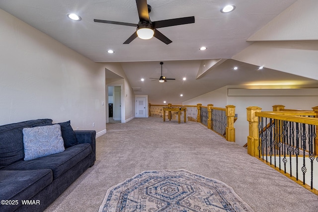 416 S 2nd St, Snowflake, AZ 85937 - living room with ceiling fan, carpet, recessed lighting, lofted ceiling, and baseboards