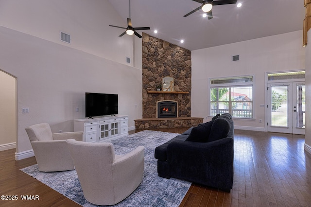 416 S 2nd St, Snowflake, AZ 85937 - living area featuring ceiling fan, high vaulted ceiling, dark wood finished floors, and baseboards