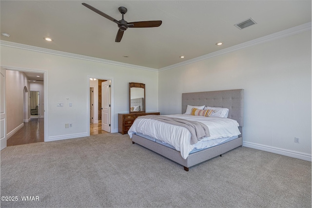 416 S 2nd St, Snowflake, AZ 85937 - bedroom with carpet, ornamental molding, baseboards, recessed lighting, and ceiling fan