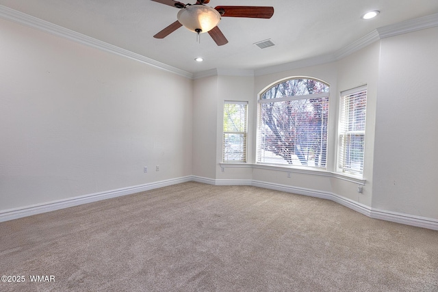 416 S 2nd St, Snowflake, AZ 85937 - unfurnished room featuring ceiling fan, light carpet, baseboards, crown molding, and recessed lighting