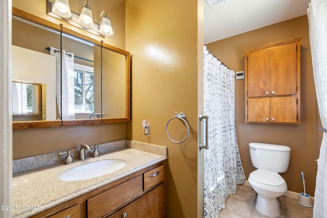 full bathroom featuring visible vents, baseboards, toilet, tile patterned floors, and vanity