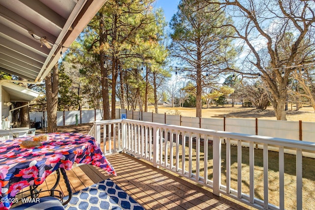 wooden terrace with a fenced backyard