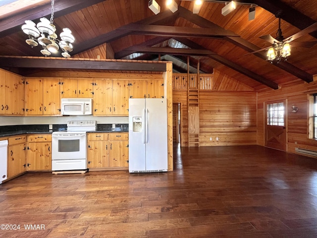 kitchen with dark wood-style floors, white appliances, wood walls, and dark countertops