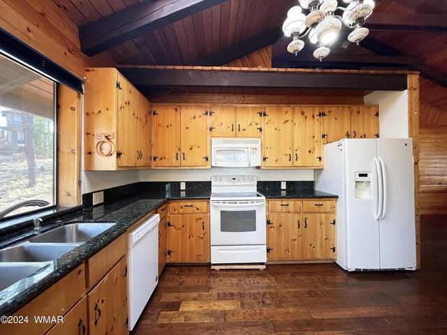 kitchen with dark wood finished floors, wooden ceiling, dark stone countertops, white appliances, and beamed ceiling