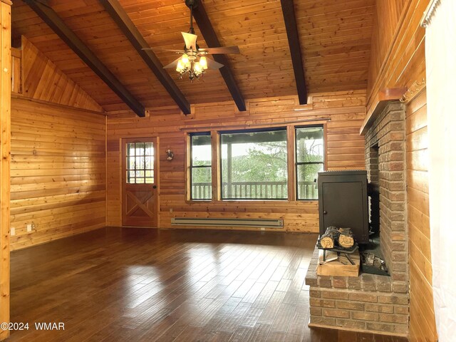 unfurnished living room featuring dark wood finished floors, wood walls, beamed ceiling, and baseboard heating