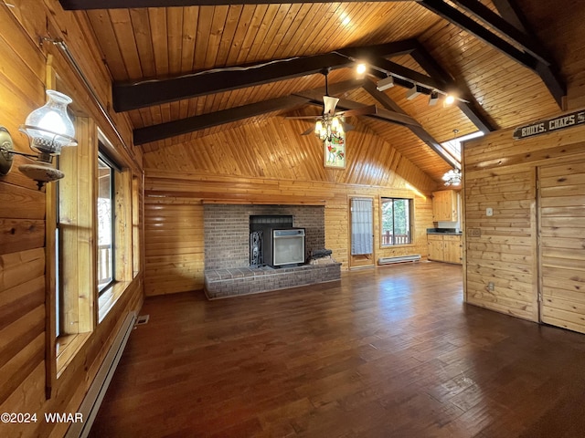 unfurnished living room with lofted ceiling with beams, wood walls, wood ceiling, and dark wood-style flooring