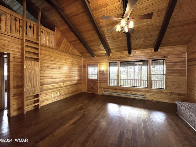 unfurnished living room with a baseboard heating unit, a healthy amount of sunlight, dark wood-style flooring, and wooden walls