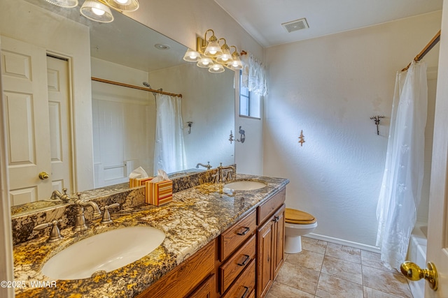 full bath with visible vents, tile patterned flooring, a sink, and toilet