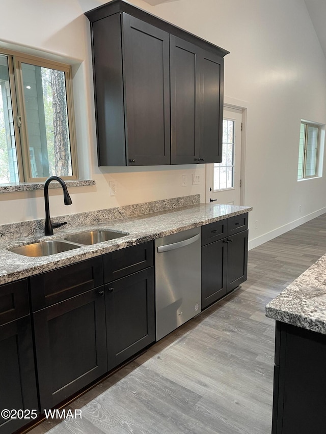 2490 Aspen Run, Pinetop, AZ 85935 - kitchen featuring a sink, light stone countertops, dishwasher, light wood-type flooring, and baseboards