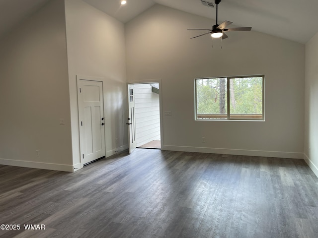 2490 Aspen Run, Pinetop, AZ 85935 - unfurnished living room with baseboards, dark wood-style flooring, high vaulted ceiling, and a ceiling fan