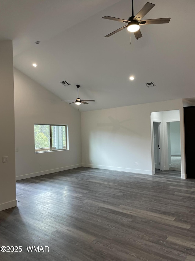 2490 Aspen Run, Pinetop, AZ 85935 - unfurnished room featuring dark wood-style flooring, high vaulted ceiling, visible vents, and a ceiling fan