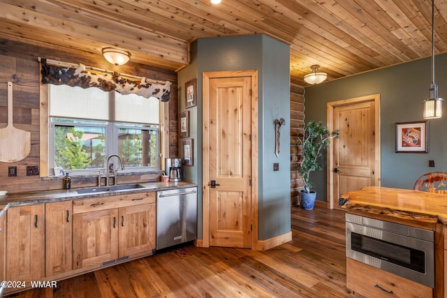 kitchen featuring dark wood-type flooring, wood ceiling, appliances with stainless steel finishes, log walls, and a sink