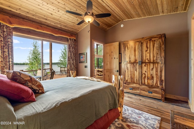 bedroom featuring lofted ceiling, access to outside, wood ceiling, and wood-type flooring