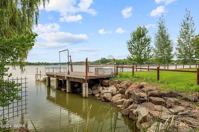 view of dock featuring fence and a water view