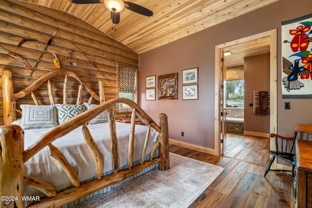 bedroom featuring rustic walls, wood ceiling, lofted ceiling, and hardwood / wood-style flooring