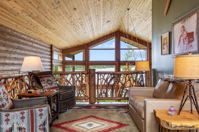 living area featuring rustic walls, carpet floors, wooden ceiling, and vaulted ceiling