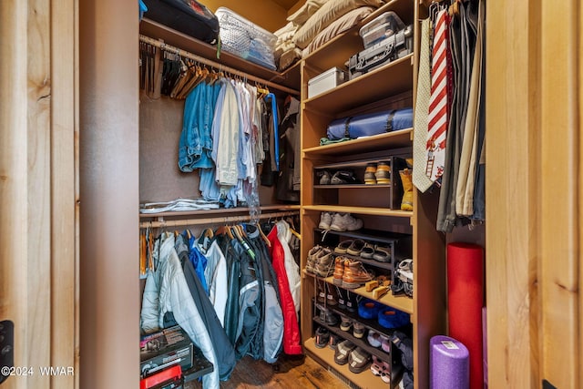 walk in closet with wood finished floors