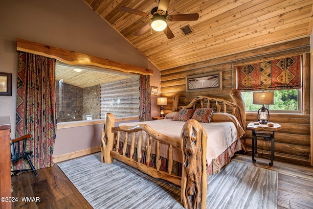 bedroom with visible vents, baseboards, wood ceiling, lofted ceiling, and hardwood / wood-style flooring