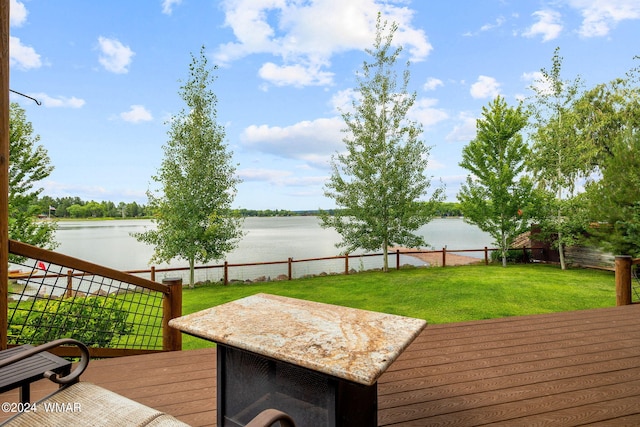 deck featuring a water view, a lawn, and a fenced backyard