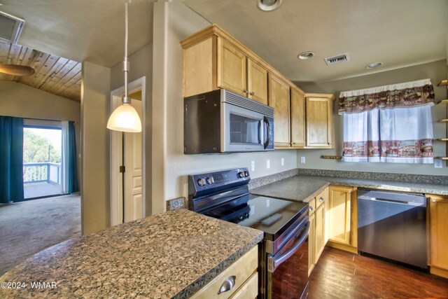 kitchen featuring appliances with stainless steel finishes, visible vents, light brown cabinets, dark countertops, and recessed lighting