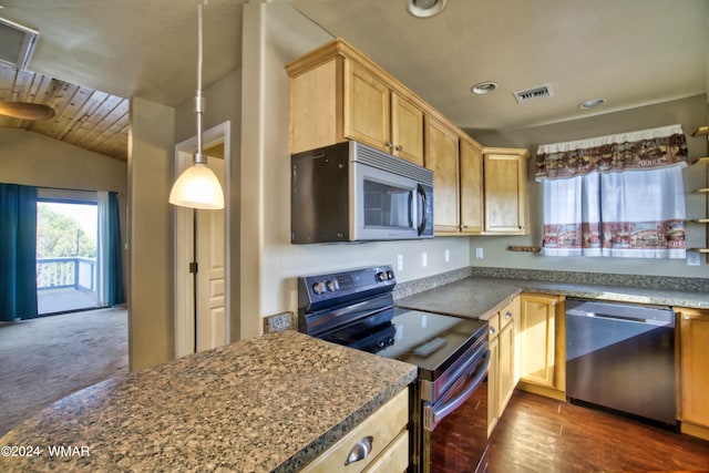 kitchen featuring recessed lighting, light brown cabinets, stainless steel appliances, dark countertops, and visible vents
