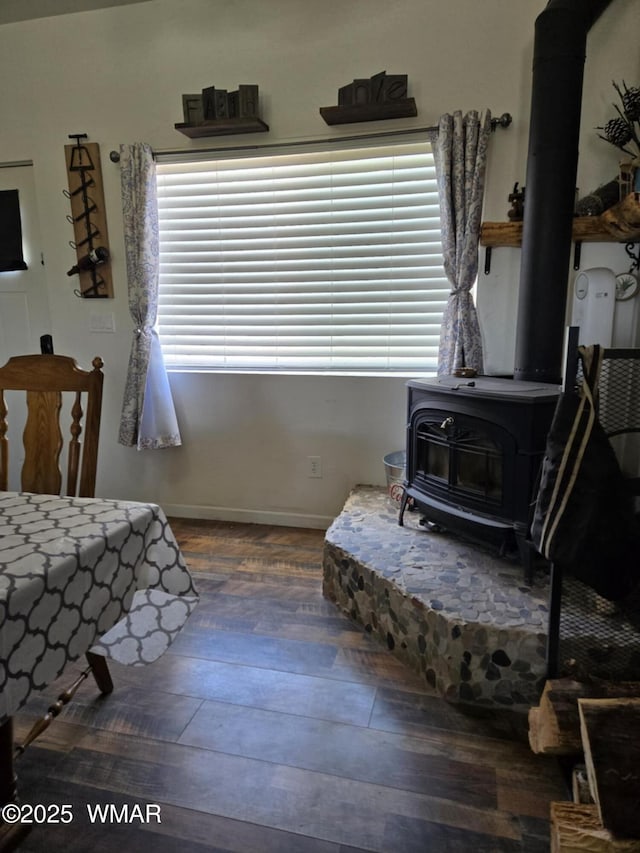 3845 Hidden Ranch Rd, Snowflake, AZ 85937 - bedroom with a wood stove, wood finished floors, and baseboards