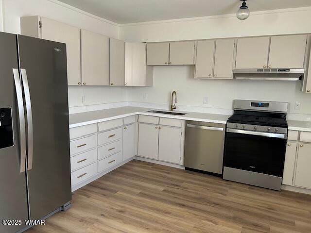 242 E 7th Ave, Eagar, AZ 85925 - kitchen with appliances with stainless steel finishes, under cabinet range hood, light countertops, and light wood-style flooring